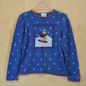 Christopher Banks Sweater Womens‎ XL Blue Christmas Bear Hand Embroidered Retro